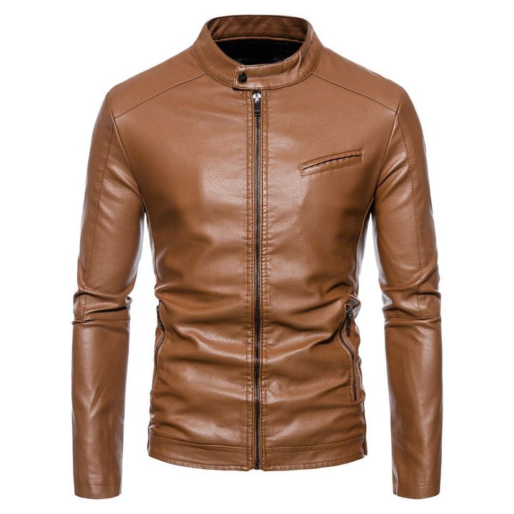 Men's Slim Faux Leather Biker Jacket with Stand-up Collar, Faux Fur Lining and Zipper Pockets Mune Fashion
