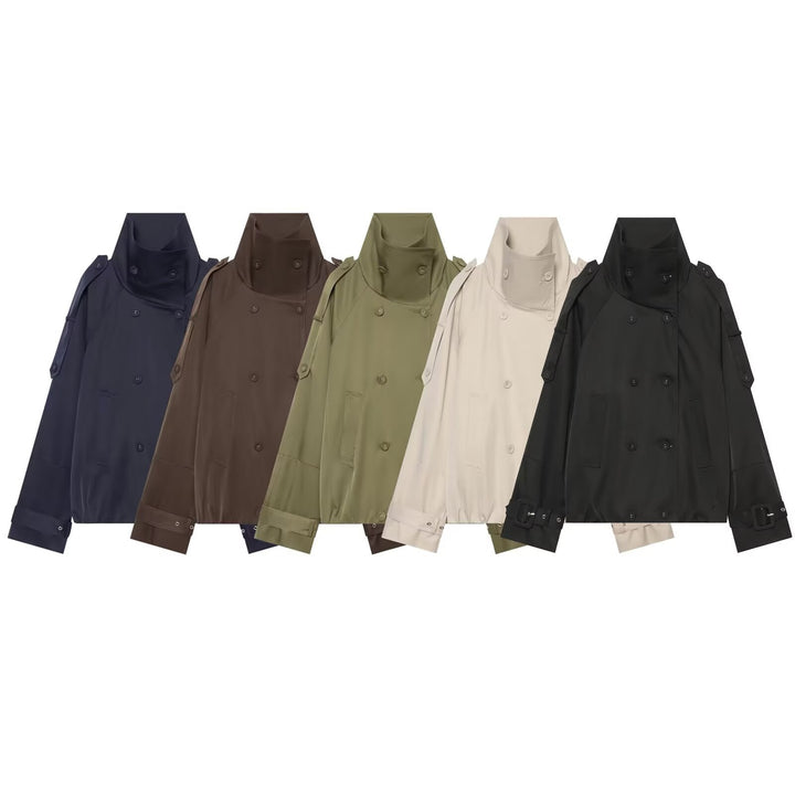 Women's Short Cape Trench with High Funnel Collar and Adjustable Sleeve Straps Mune Fashion