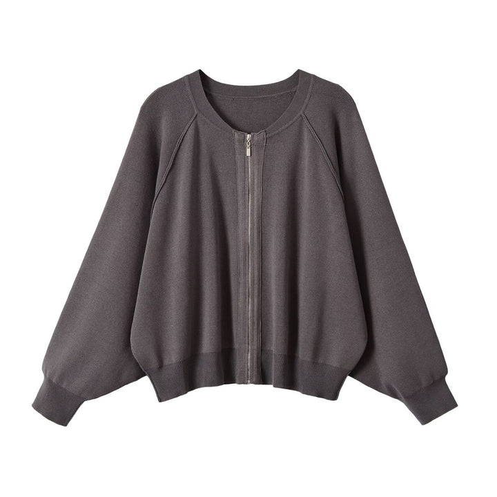 Women's Oversized Knit Bomber Jacket with Zipper and Raglan Sleeves Mune Fashion