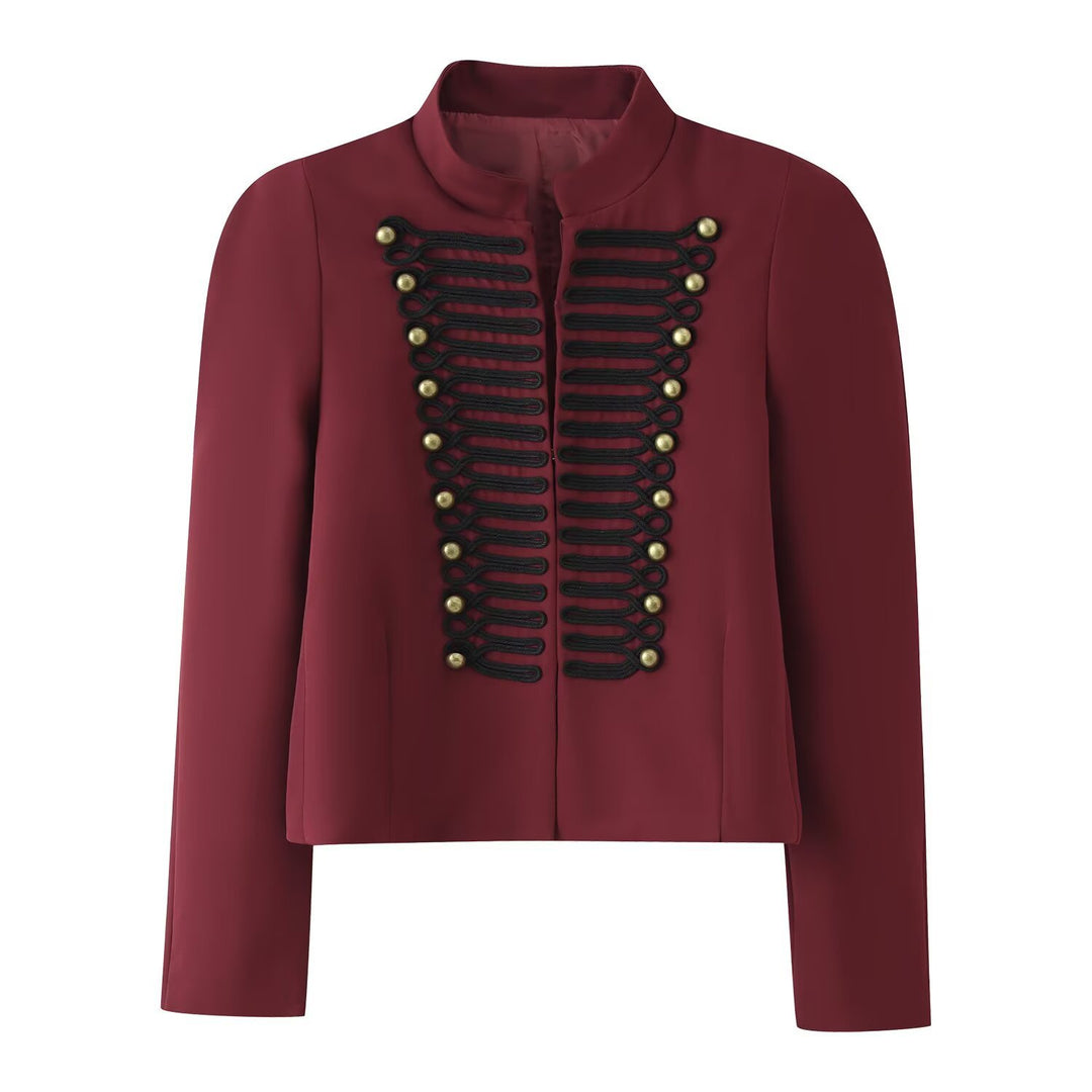 Women’s short military-style blazer with decorative cord application and stand-up collar Mune Fashion