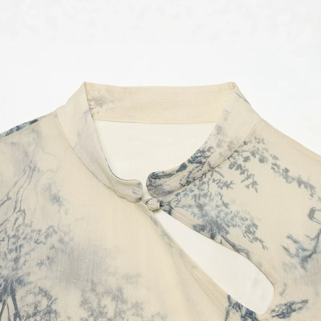 Women Casual Silk-Look Tunic with Mandarin Collar, Asymmetrical Button Placket and Delicate Landscape Print Drune