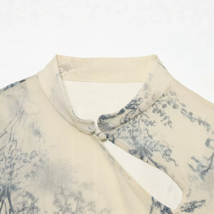 Women Casual Silk-Look Tunic with Mandarin Collar, Asymmetrical Button Placket and Delicate Landscape Print Drune