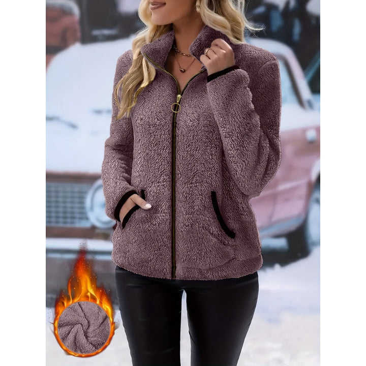 Women's thermal sherpa fleece jacket with stand-up collar, contrast edges and ring zipper Mune Fashion