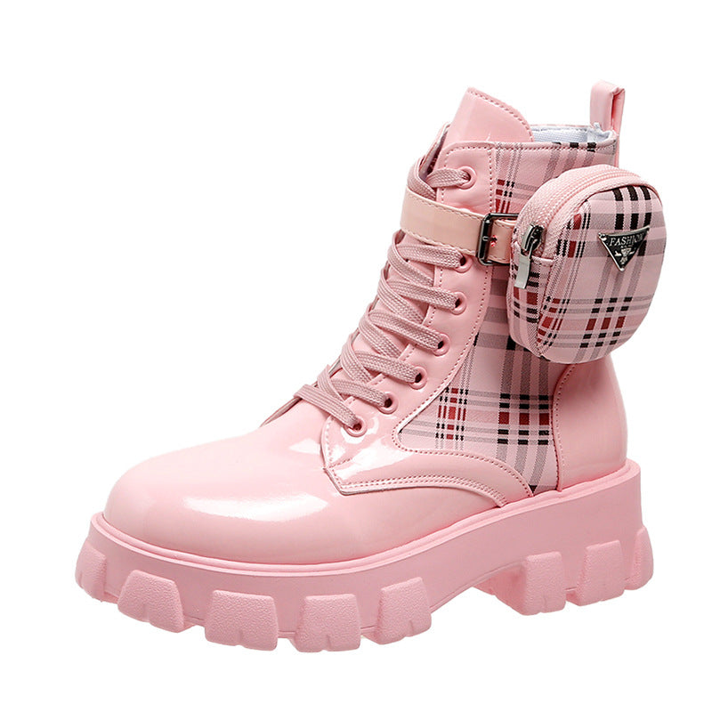Women's fashionable plateau ankle boots with checkered textile insert, lacing, buckle strap and removable mini bag Mune Fashion