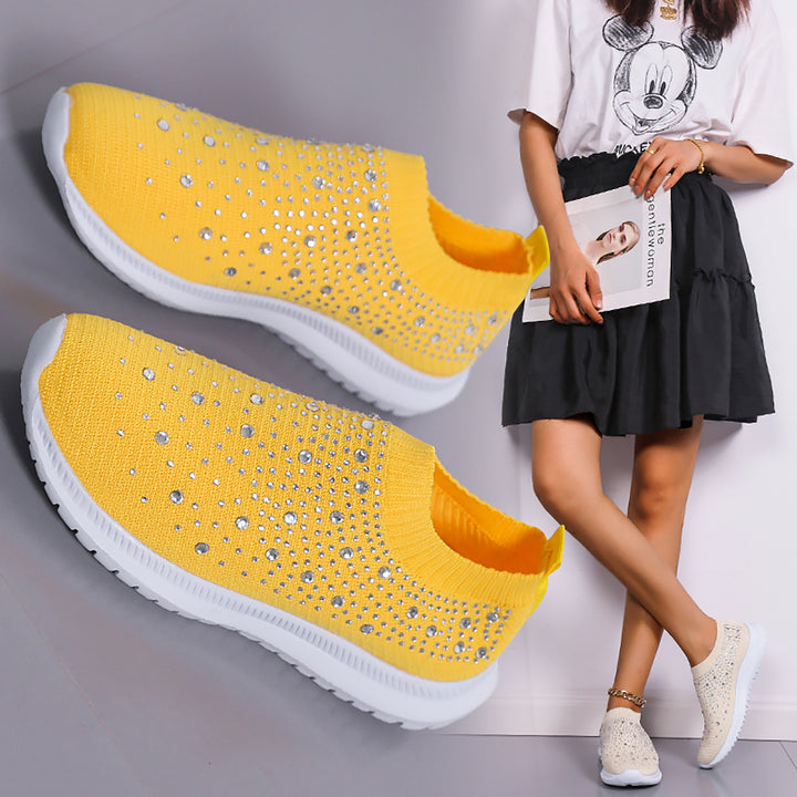 Women’s knitted slip-on sneakers with rhinestone accents, elastic shaft, and shock-absorbing EVA sole Mune Fashion