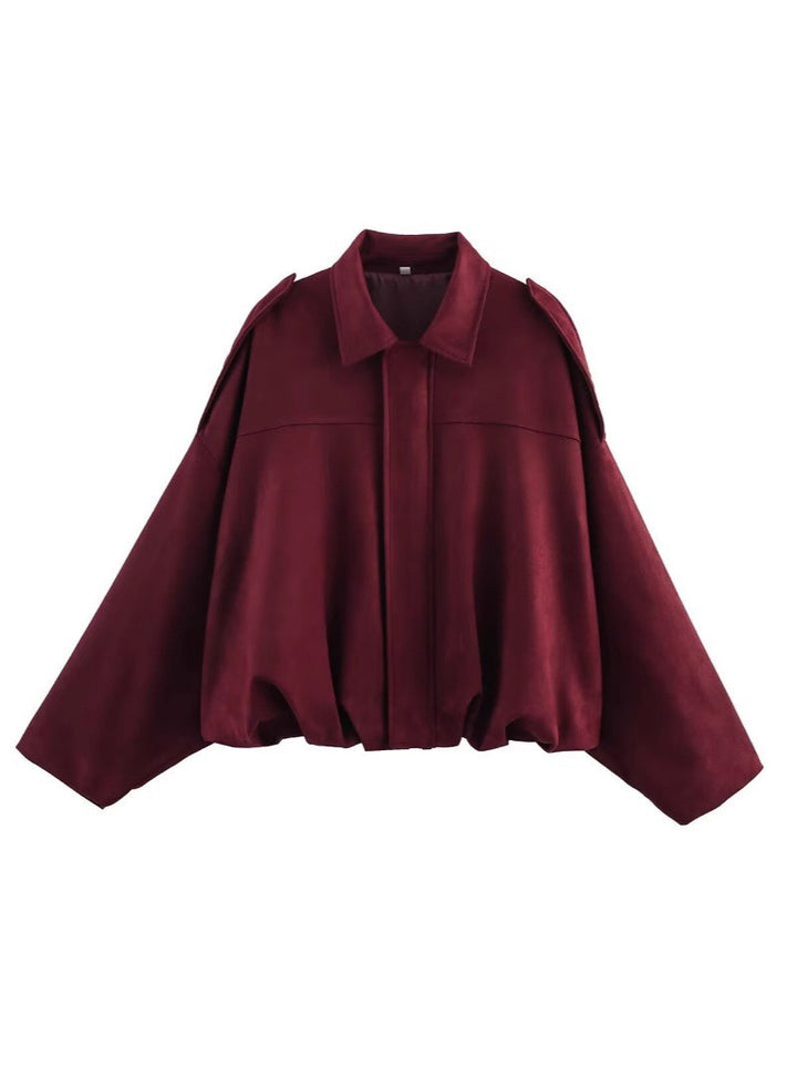Women Cropped Oversized Blouson Jacket in Velour Look with Drawstring Hem and Epaulettes Mune Fashion