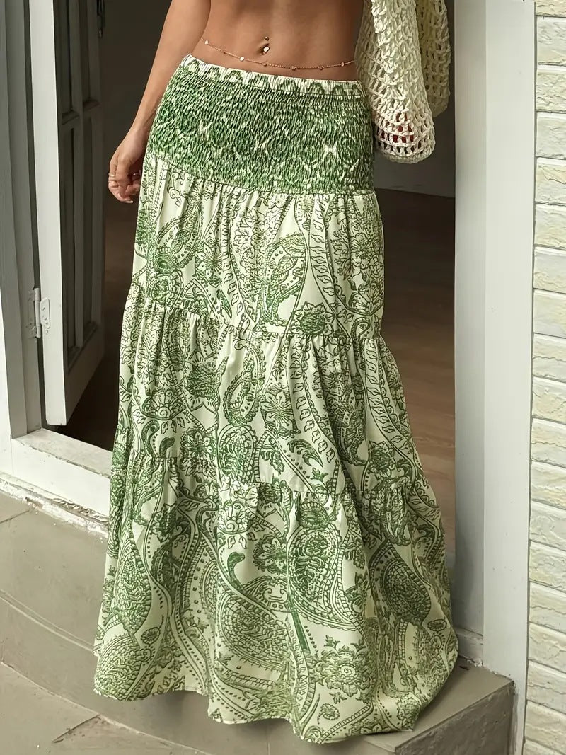 Women’s Maxi Skirt with Smocked Waist and Tiered Ruffle Mune Fashion
