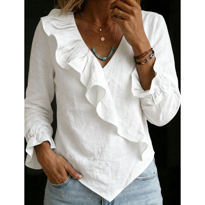 Women's Ruffle Blouse in Linen Look with Wrap Effect and Asymmetric Hem Mune Fashion
