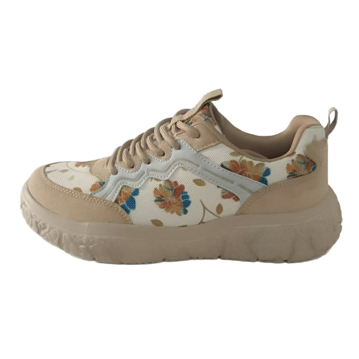 Women's fashionable platform sneakers with floral canvas pattern and suede trim Mune Fashion