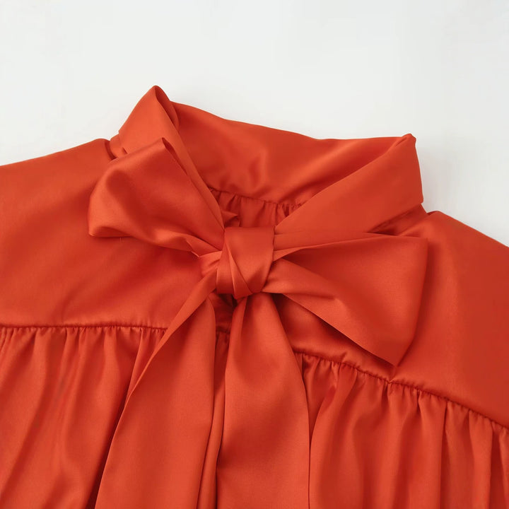 Women's Flowing Satin Blouse with Gathered Back and Balloon Sleeves Mune Fashion