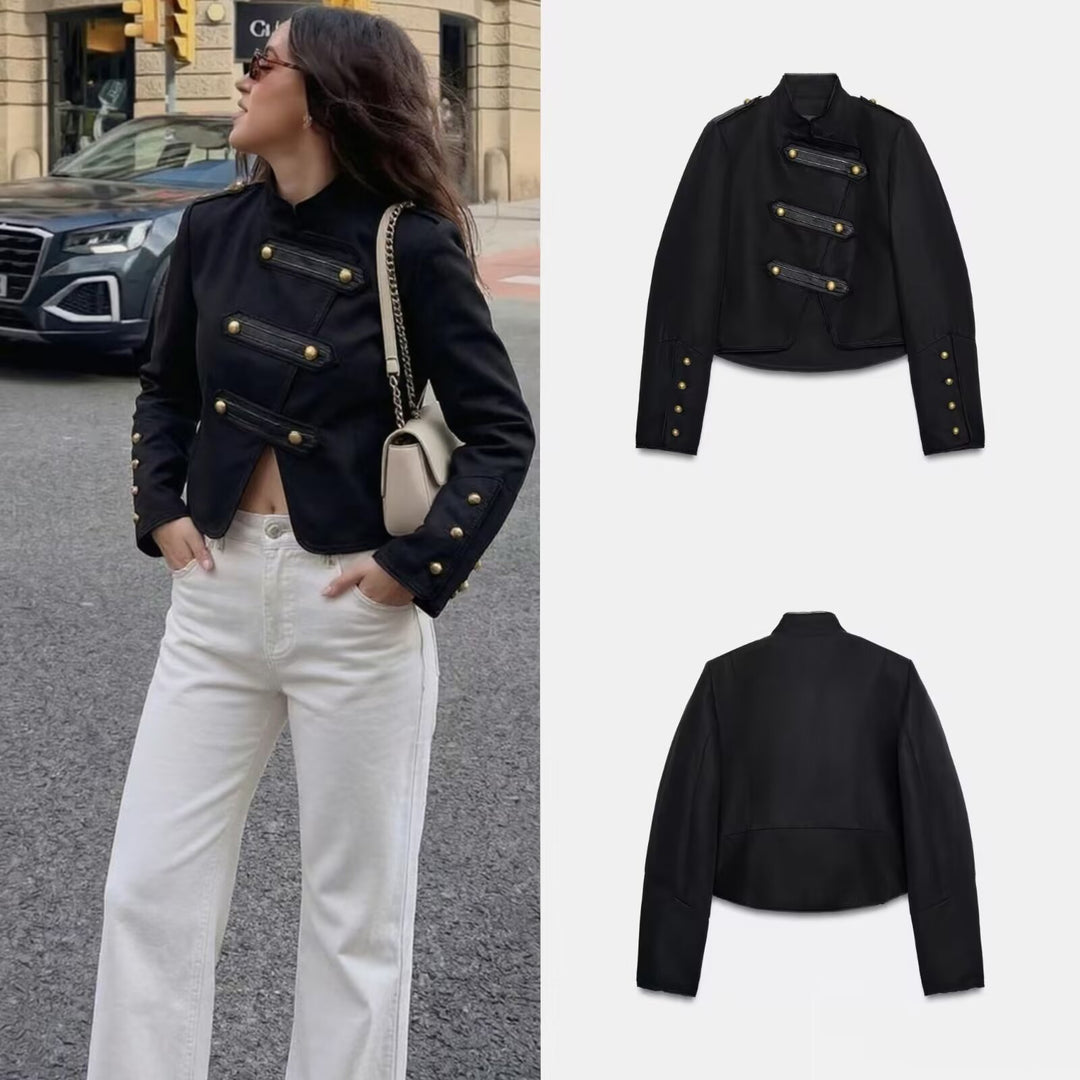 Women Short Cut Parade Jacket with Stand-Up Collar and Decorative Trimming Mune Fashion