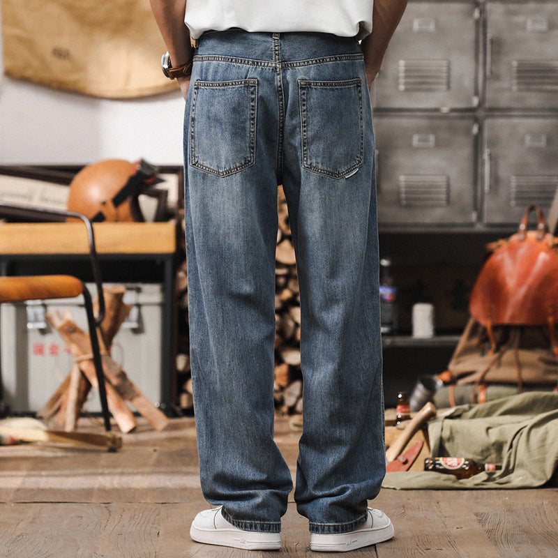 Men's Loose Straight-Leg Denim Jeans with Light Used Wash and Low Crotch Mune Fashion