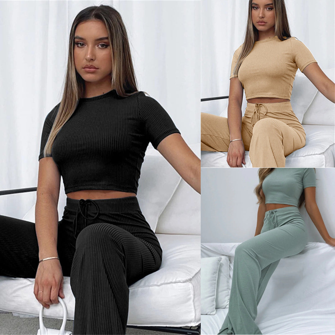 Women's Ribbed Crop Set made of Stretch Jersey with High-Waisted Drawstring Pants Mune Fashion