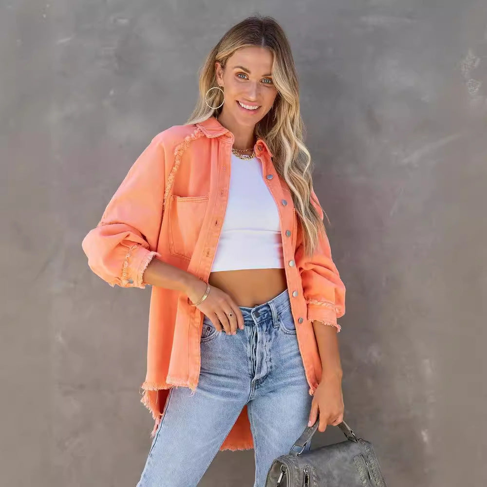 Women oversized shirt jacket in used look with frayed edges and patch pockets Mune Fashion