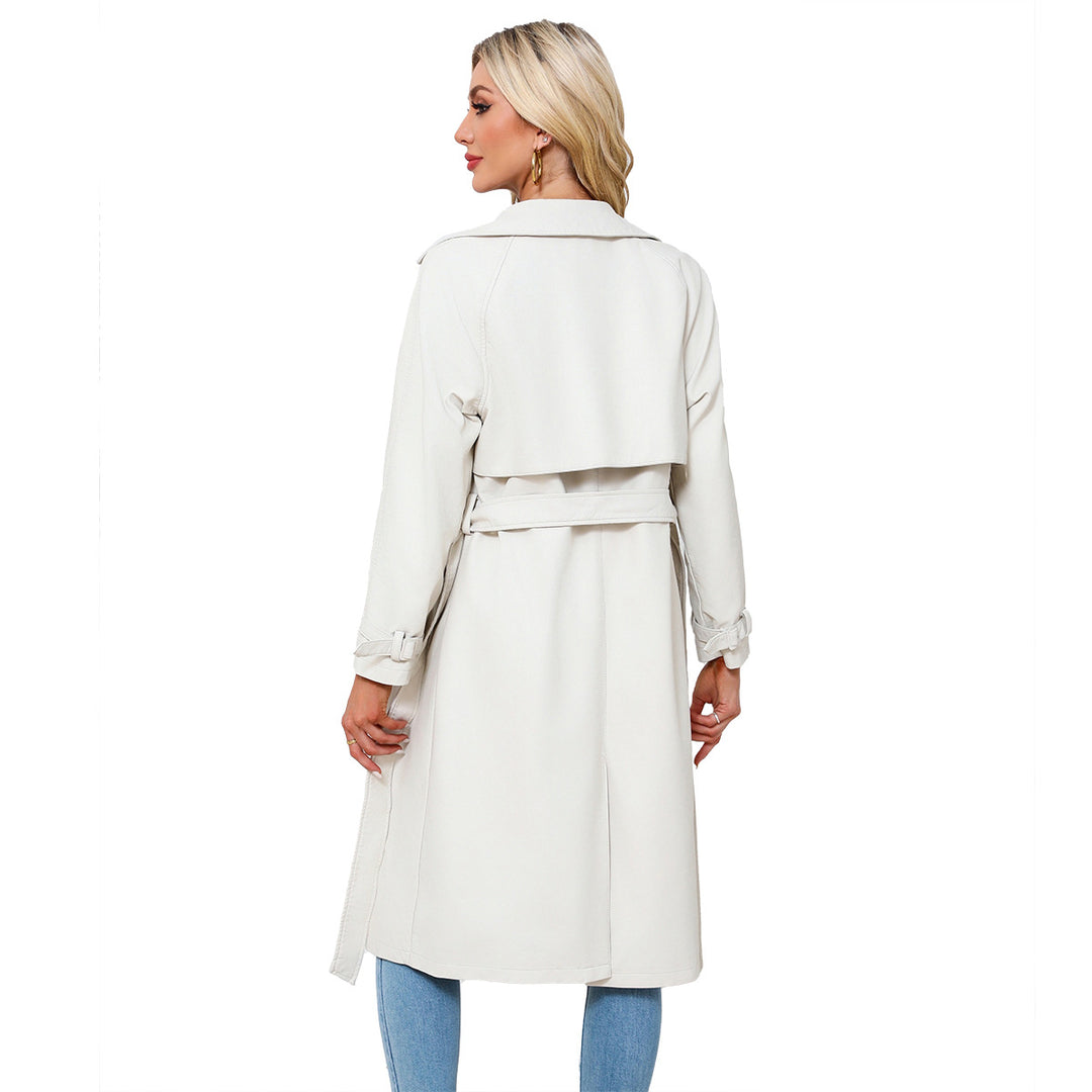 Women's longer tailored faux leather trench coat with tie belt Mune Fashion