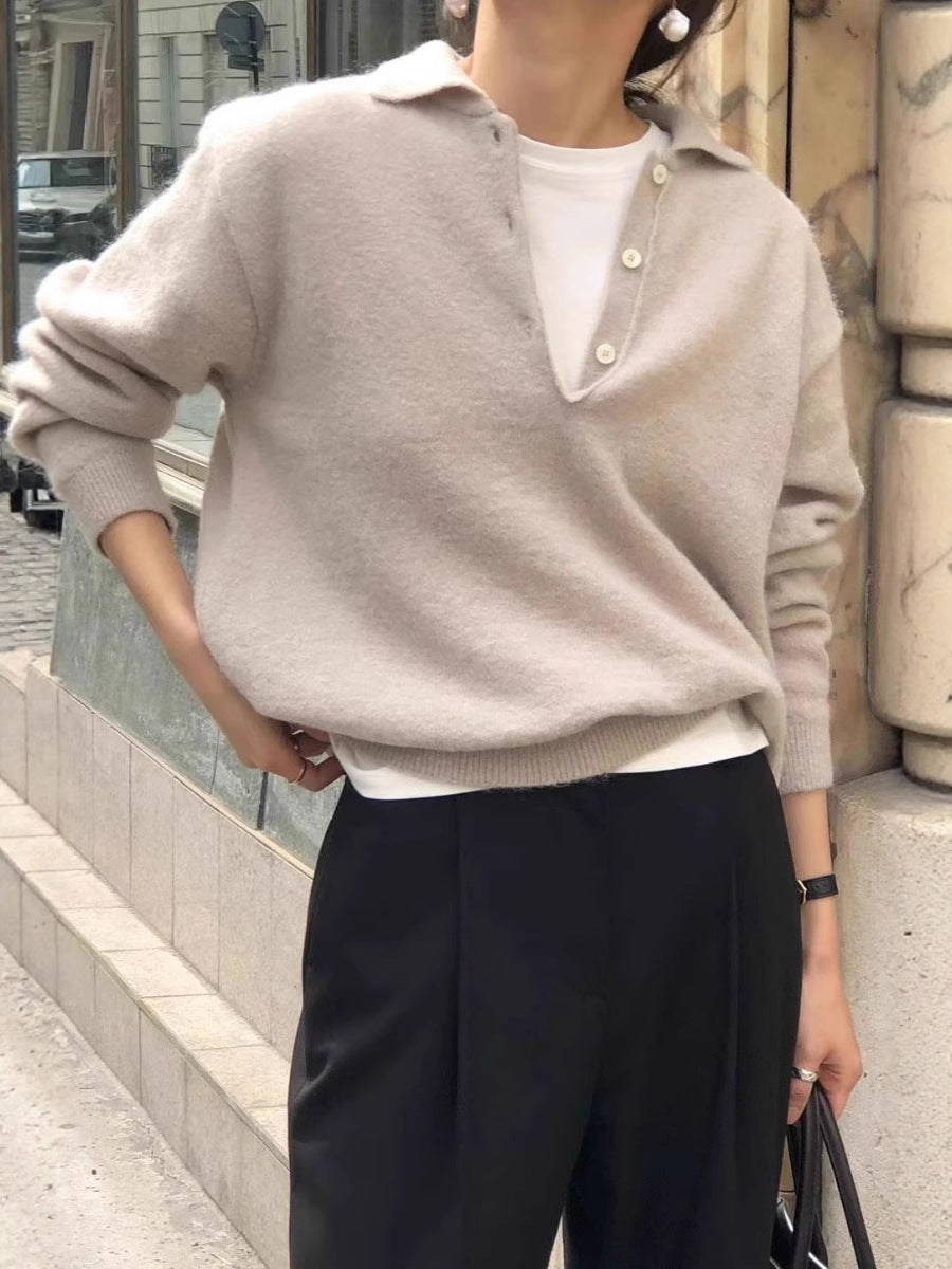 Women's Soft Hoodie in Mohair Look with Deep V-Neck and Half Button Placket Mune Fashion