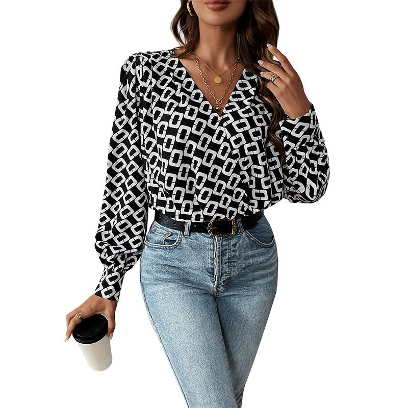 Women's Geometric Print Wrap Blouse with V-Neck, Gathered Shoulders and Balloon-Sleeves Mune Fashion