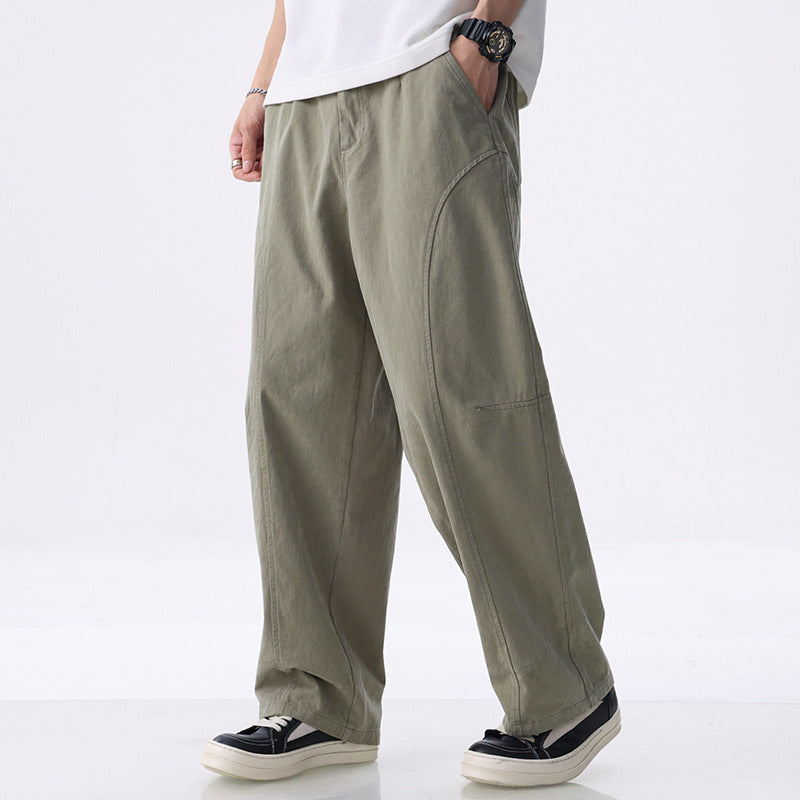 Men's Loose-Fitting Utility Pants with Wide Legs, Distinctive Decorative Stitching, and Elastic Waistband Mune Fashion