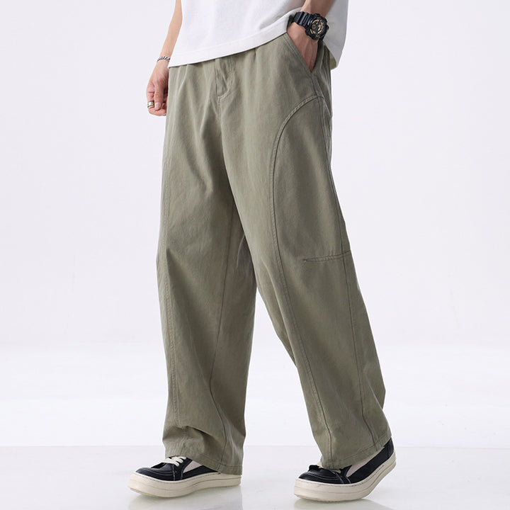 Men's Loose-Fitting Utility Pants with Wide Legs, Distinctive Decorative Stitching, and Elastic Waistband Mune Fashion