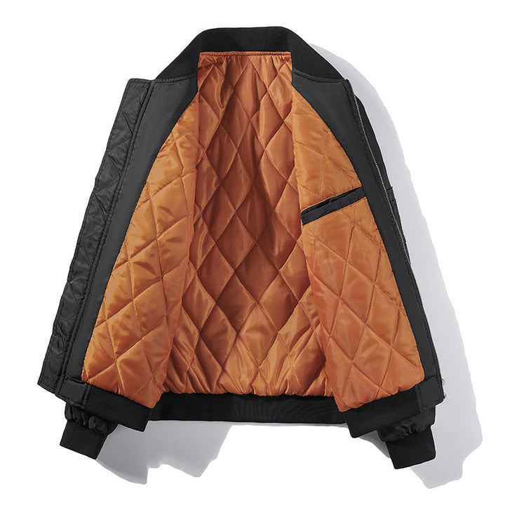 Men's bomber jacket in pilot look with contrasting inner lining, sleeve utility pocket, and elastic rib cuffs.