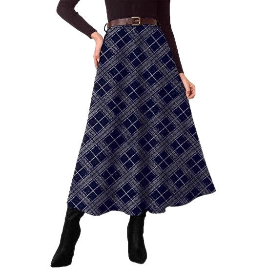 Women's Checked Midi Skirt in A-Line with High Waist and Side Pockets Drune
