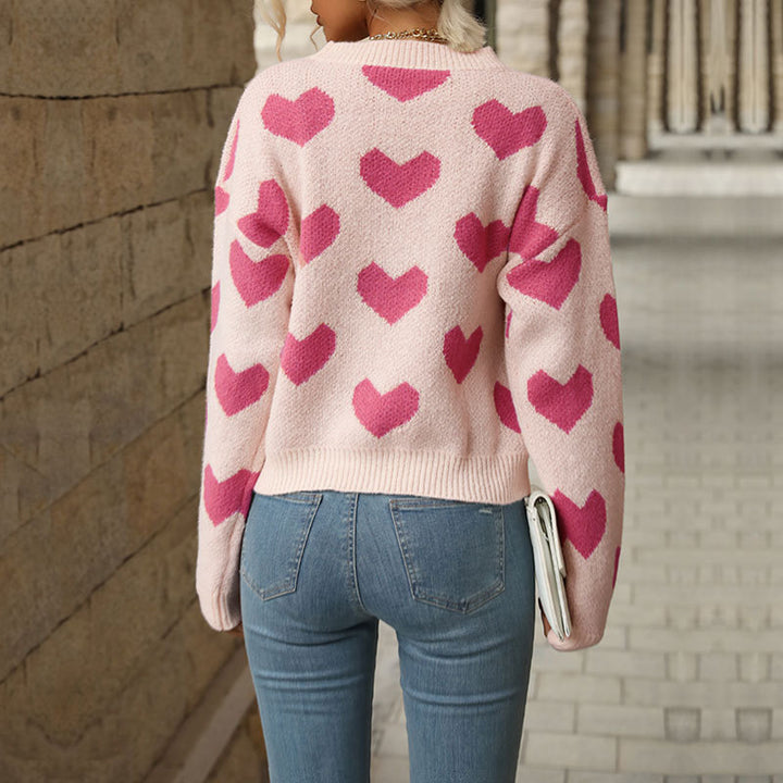 Women's Patterned Knit Sweater with Heart Designs Mune Fashion