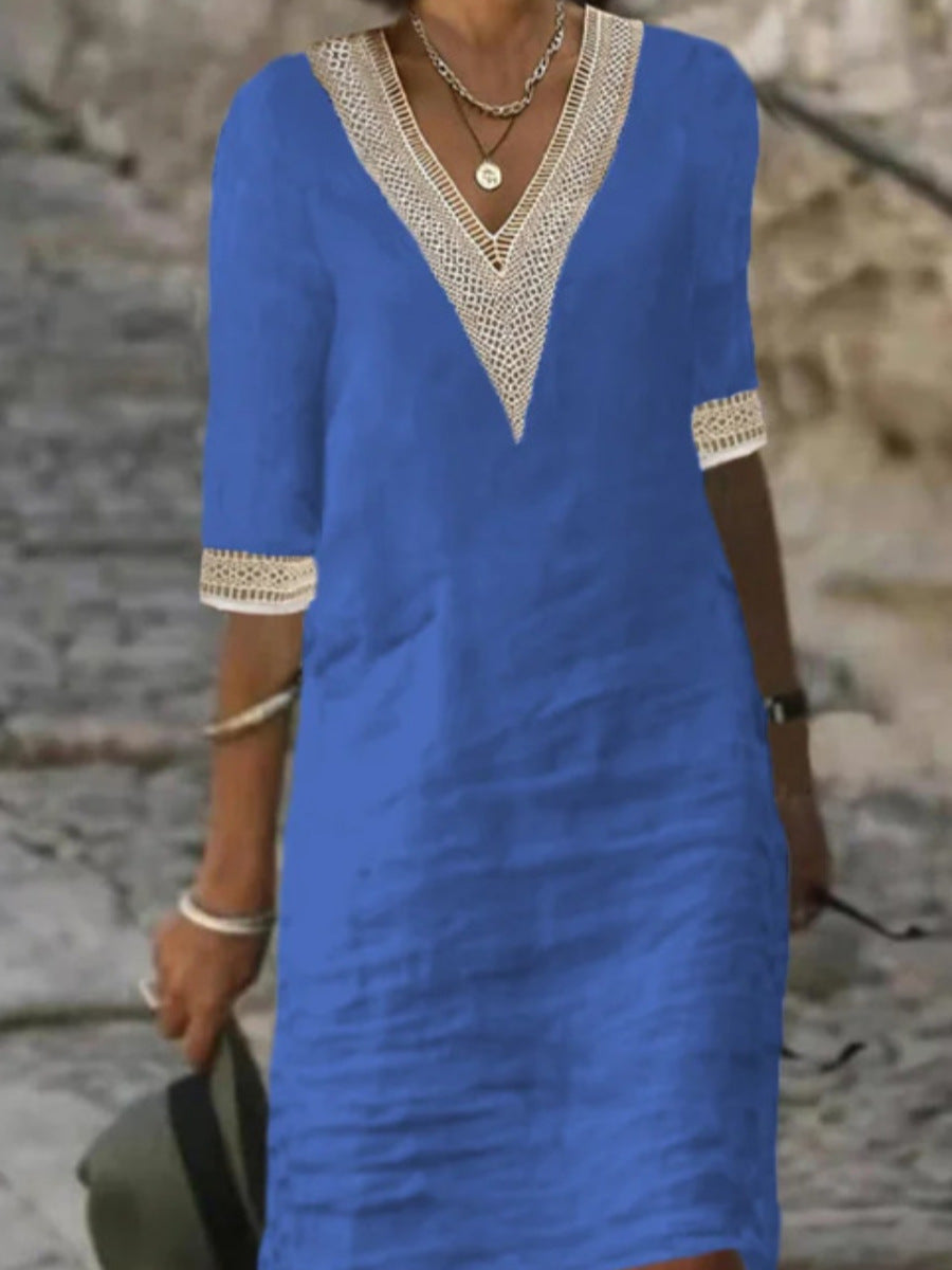 Ladies Linen Look Midi Dress with Crocheted V-Neck and 3/4 Sleeves Mune Fashion