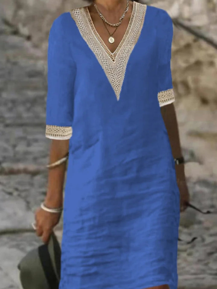 Ladies Linen Look Midi Dress with Crocheted V-Neck and 3/4 Sleeves Mune Fashion