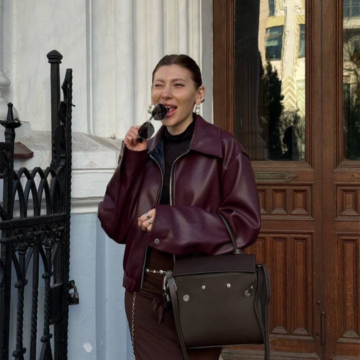 Women Boxy Faux Leather Jacket with Full Zip, Shirt Collar and Light Cropped Cut Mune Fashion