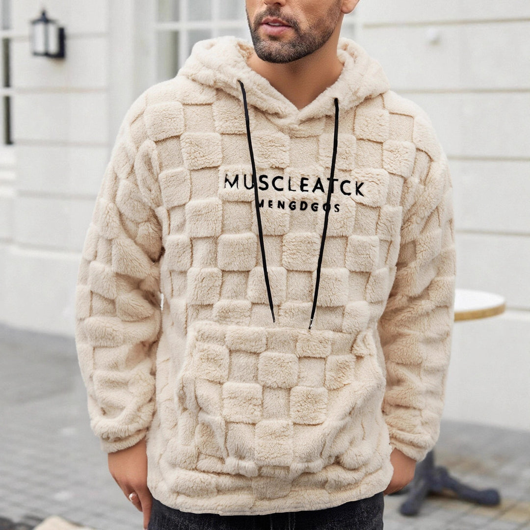 Men's fluffy Sherpa hoodie with square quilting pattern, kangaroo pocket and adjustable hood Mune Fashion