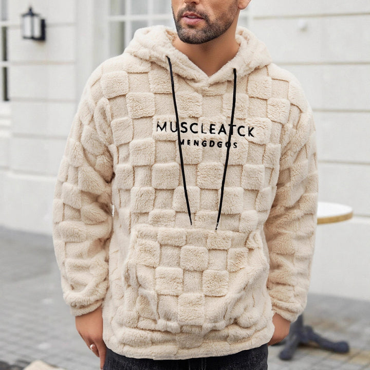 Men's fluffy Sherpa hoodie with square quilting pattern, kangaroo pocket and adjustable hood Mune Fashion