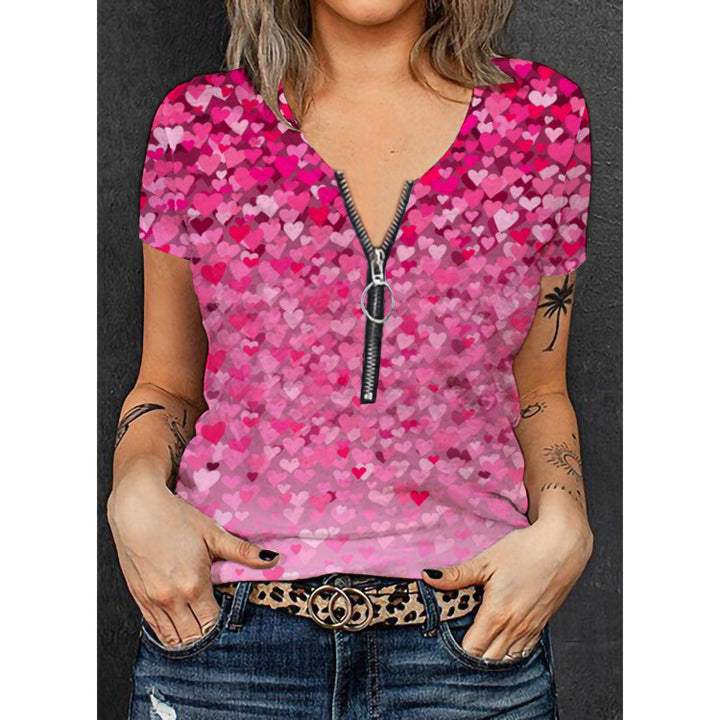 Ladies V-neck T-shirt with floral pattern and zipper Mune Fashion