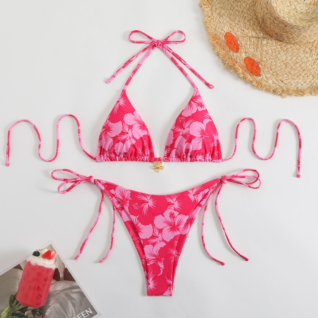Women's Triangle Bikini Set with Floral Design and Playful Ties Mune Fashion