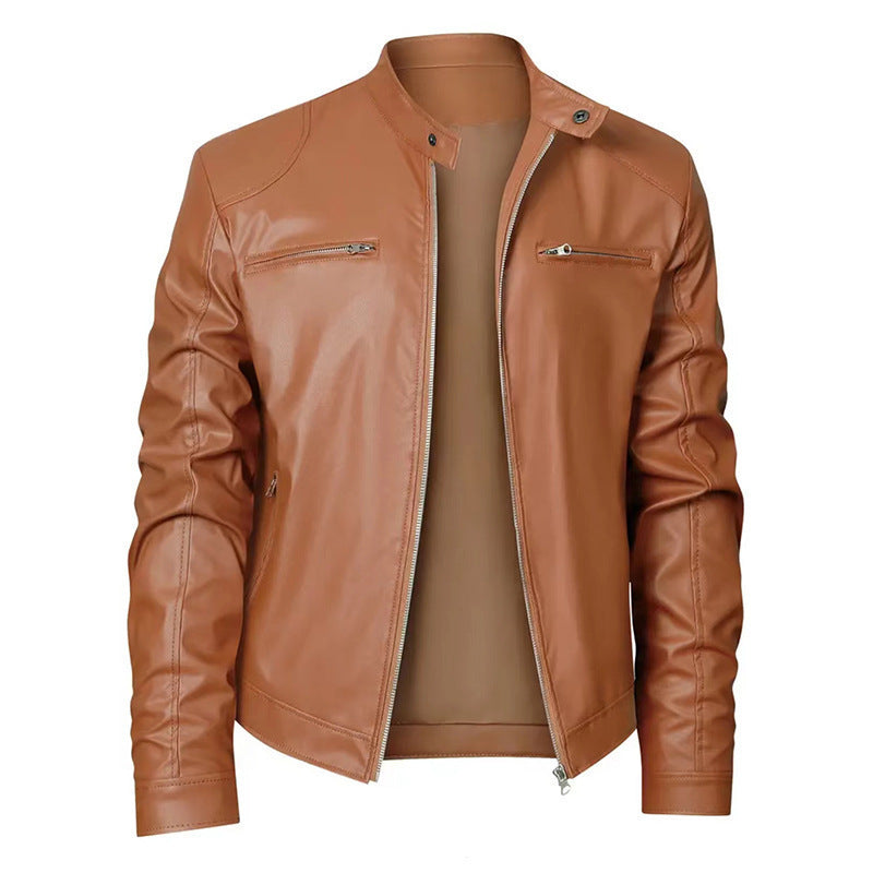 Men's slim faux leather biker jacket with stand-up collar, full zip and two chest pockets Mune Fashion