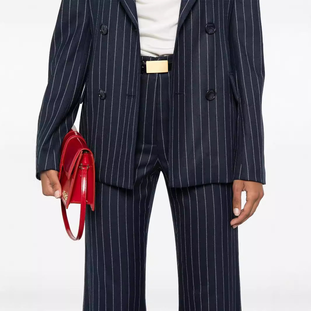 Women High-Waisted Pinstripe Palazzo Pants with Wide Flare Mune Fashion