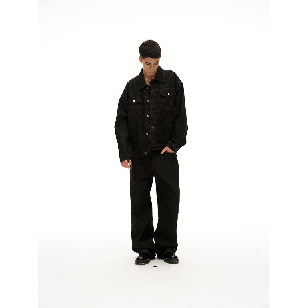 Men's Boxy Denim Jacket with Red Contrast Stitching and Metal Buttons Mune Fashion