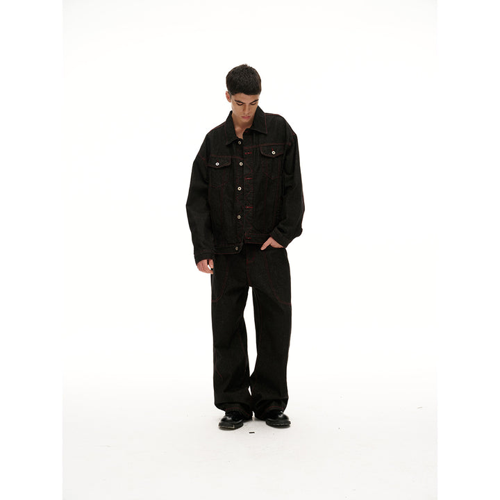 Men's Boxy Denim Jacket with Red Contrast Stitching and Metal Buttons Mune Fashion