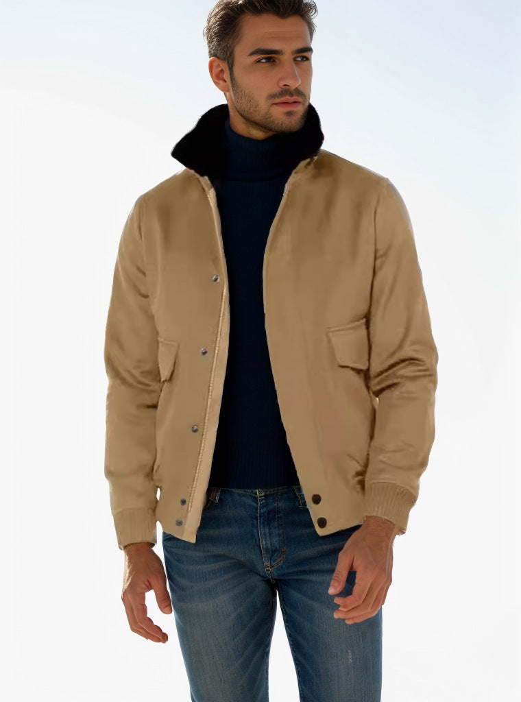 Men's bomber jacket with stand-up collar, snap button placket, and patch pockets Mune Fashion