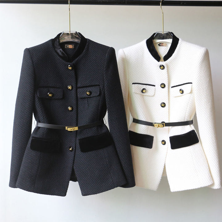Ladies Elegant Boucle Blazer Jacket with Velvet Trim and Waist Belt Mune Fashion