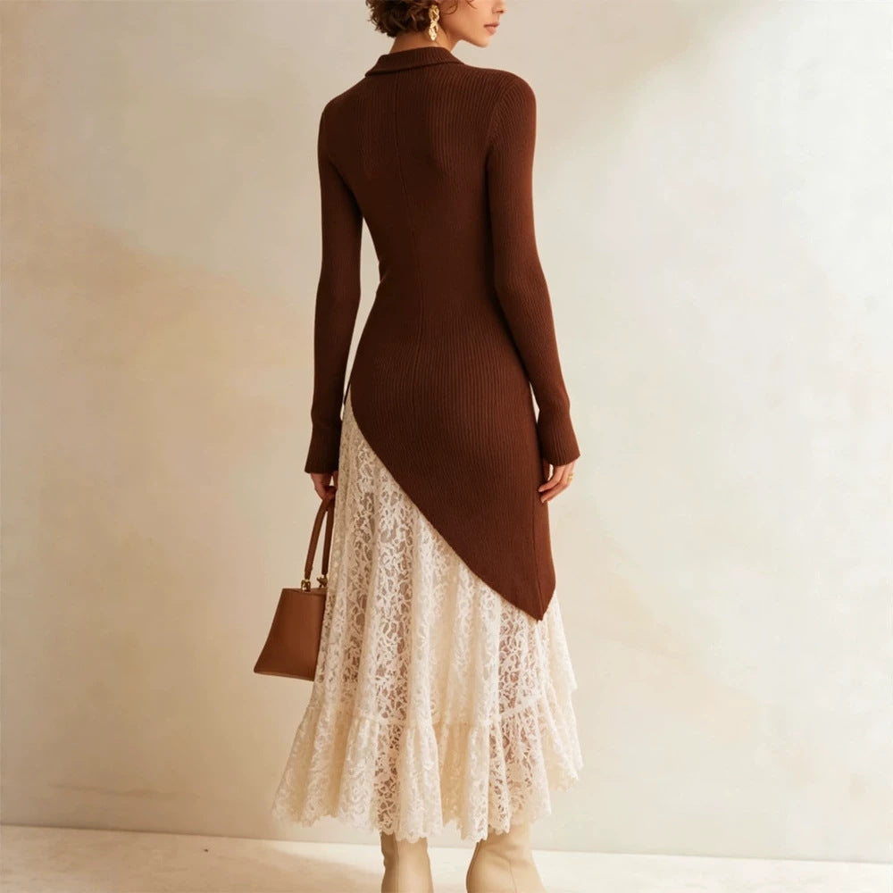 Women Midi dress made of fitted fine knit with asymmetric lace ruffle Mune Fashion