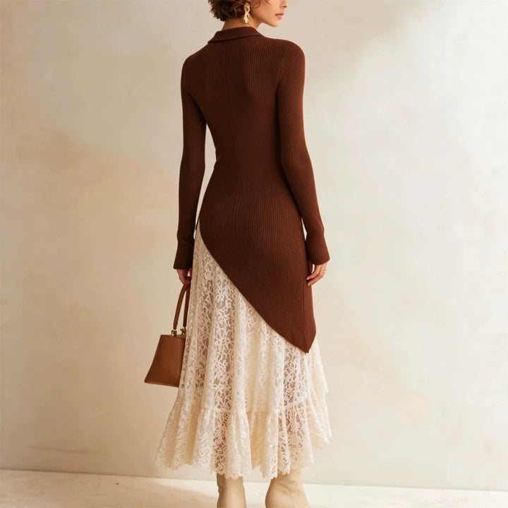 Women Midi dress made of fitted fine knit with asymmetric lace ruffle Mune Fashion