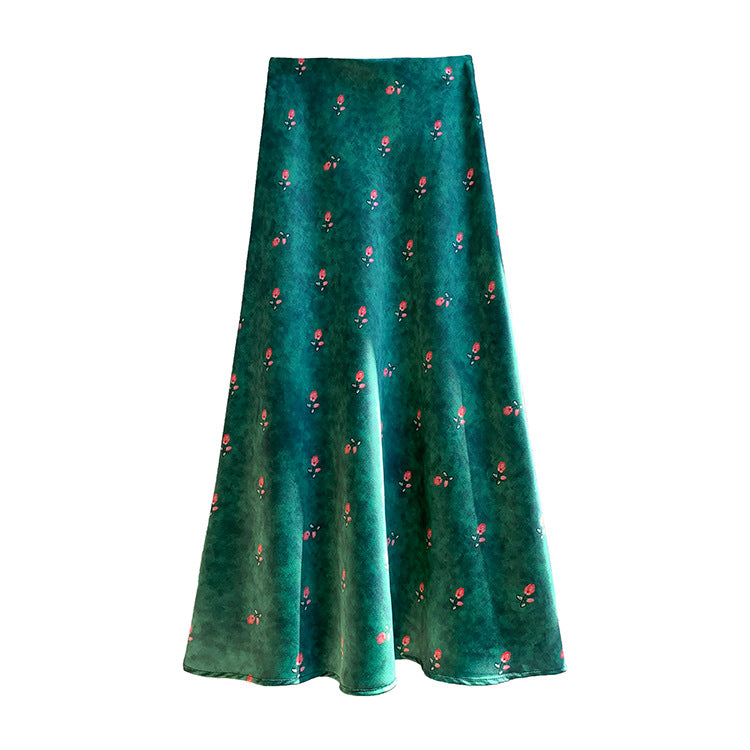 Women's flowing midi skirt with floral print and A-line silhouette in satin-like fabric Mune Fashion