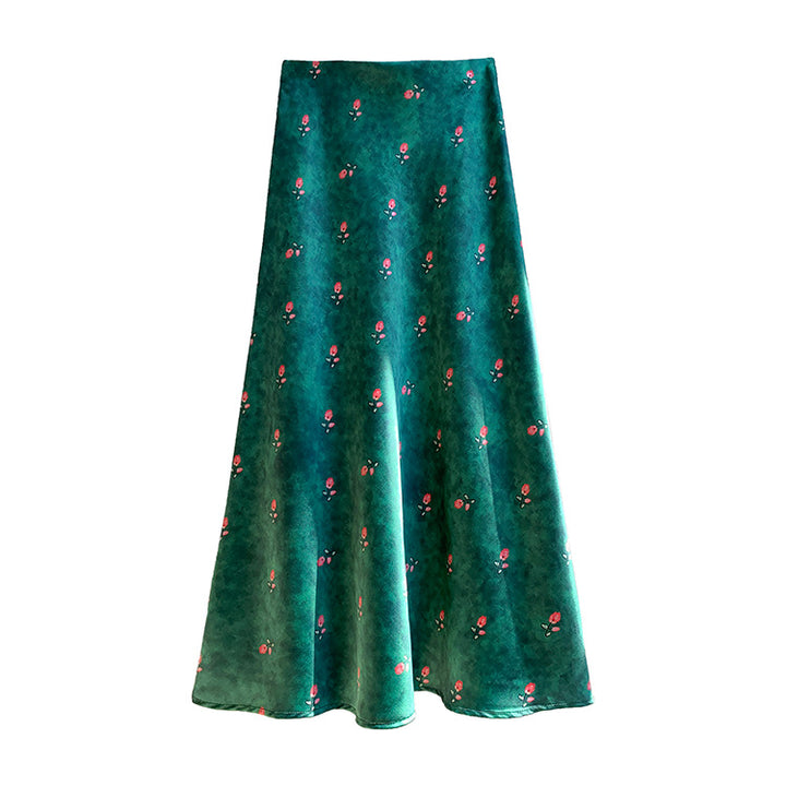 Women's flowing midi skirt with floral print and A-line silhouette in satin-like fabric Mune Fashion