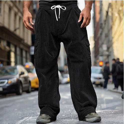 Men's corduroy-look cargo joggers with drawstring, elastic waistband, and patch flap pockets Mune Fashion