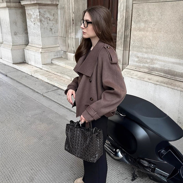 Women's Short Double-Breasted Wool Blend Peacoat with Dropped Shoulders and Epaulettes Mune Fashion