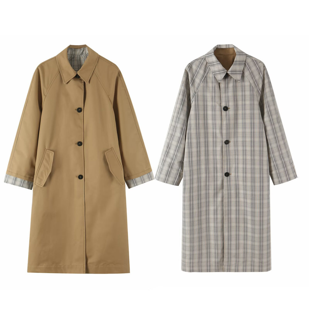 Women's Reversible Trench Coat with Raglan Sleeves, Checked Lining and Hidden Button Placket Mune Fashion