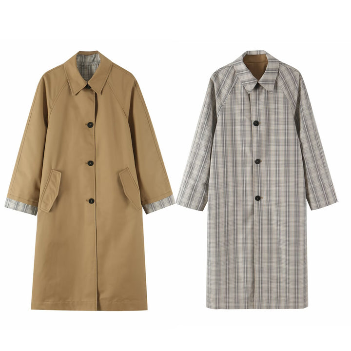 Women's Reversible Trench Coat with Raglan Sleeves, Checked Lining and Hidden Button Placket Mune Fashion