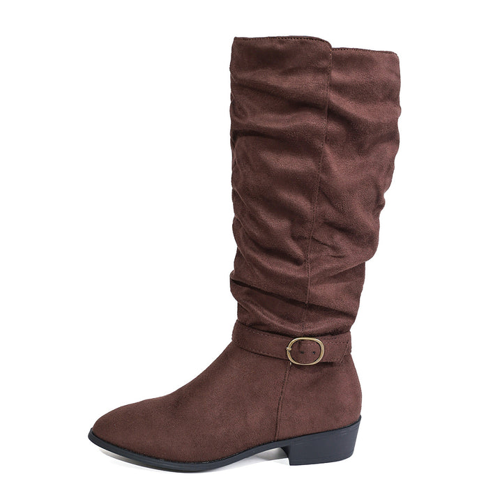 Women's knee-high slouch boots made of soft micro velvet with decorative belt and low block heel Mune Fashion