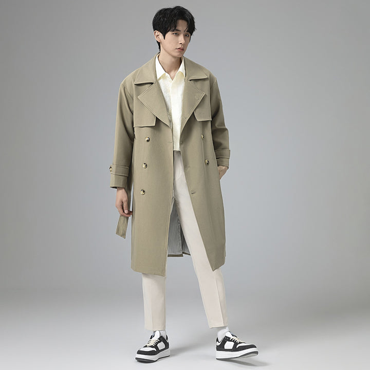 Men's Oversized Double-breasted Wool Blend Trench Coat with Shawl Collar and Contrast Flap Mune Fashion
