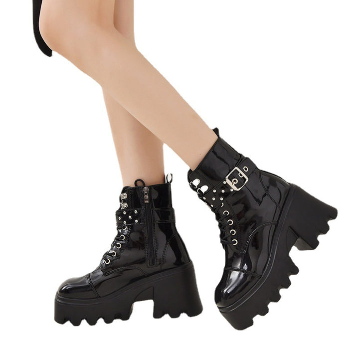 Women’s Platform Combat Boots with Studs and Buckle Straps, High-Cut Lacing and Contoured Wave Sole Mune Fashion